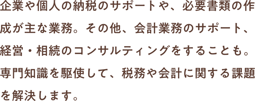 企業や個人の納税のサポートや、必要書類の作成が主な業務。その他、会計業務のサポート、経営・相続のコンサルティングをすることも。専門知識を駆使して、税務や会計に関する課題を解決します。